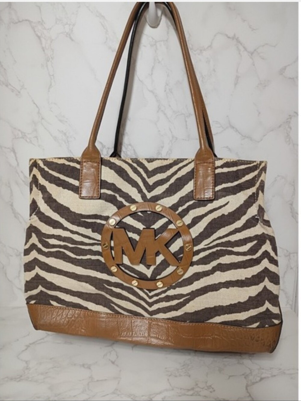 Michael Kors Zebra-Print Tote with Brown Leather Accents